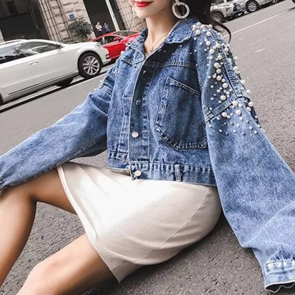 Medium Wash Faux pearl Button up Oversized Jean Denim jacket - Picture 7 of 8